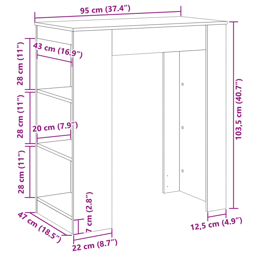 vidaXL Bar Table with Racks White 95x47x103.5 cm Engineered Wood