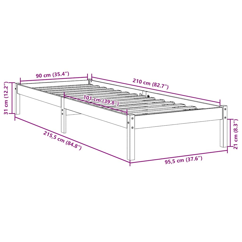 Extra Long Bed Frame without Mattress White 90x210 cm Solid Wood Pine
