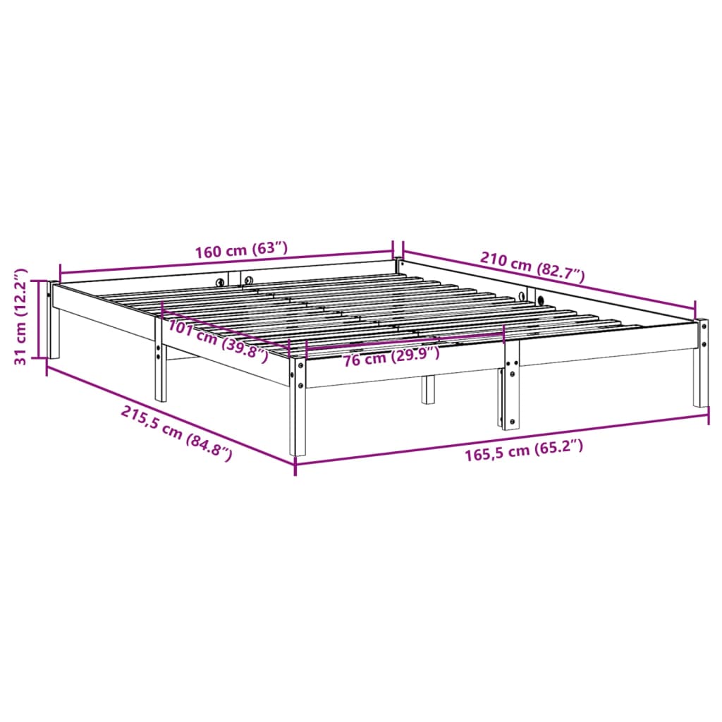 Extra Long Bed Frame without Mattress 160x210 cm Solid Wood Pine