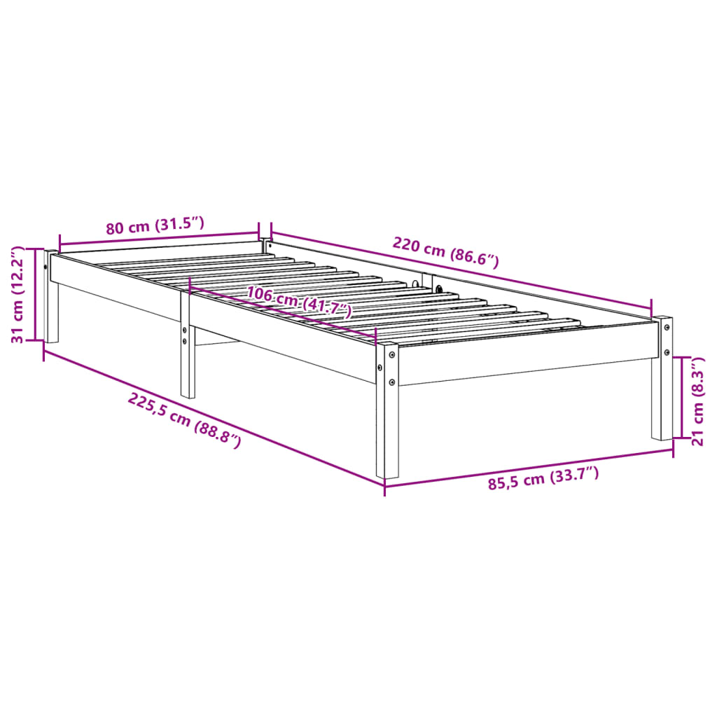 Extra Long Bed Frame without Mattress 80x220 cm Solid Wood Pine