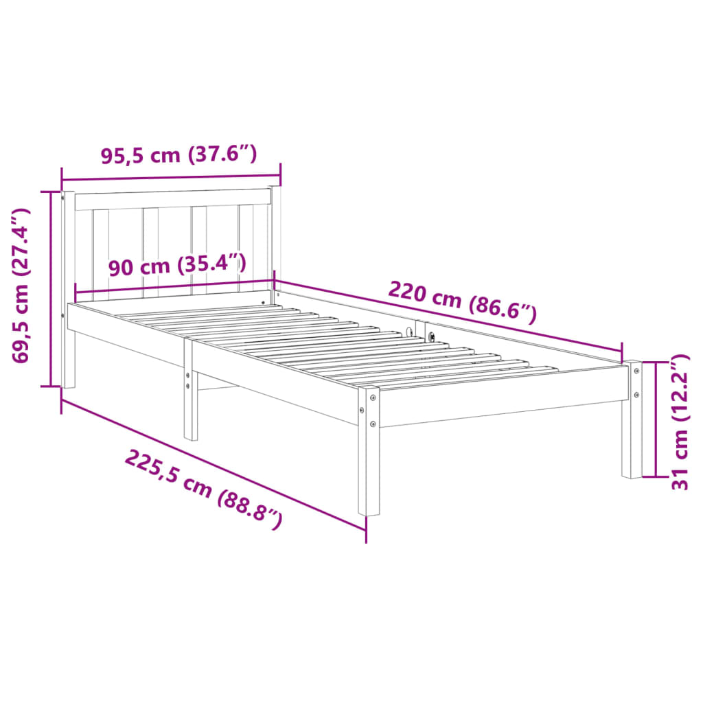 vidaXL Extra Long Bed Frame without Mattress 90x220 cm Solid Wood Pine