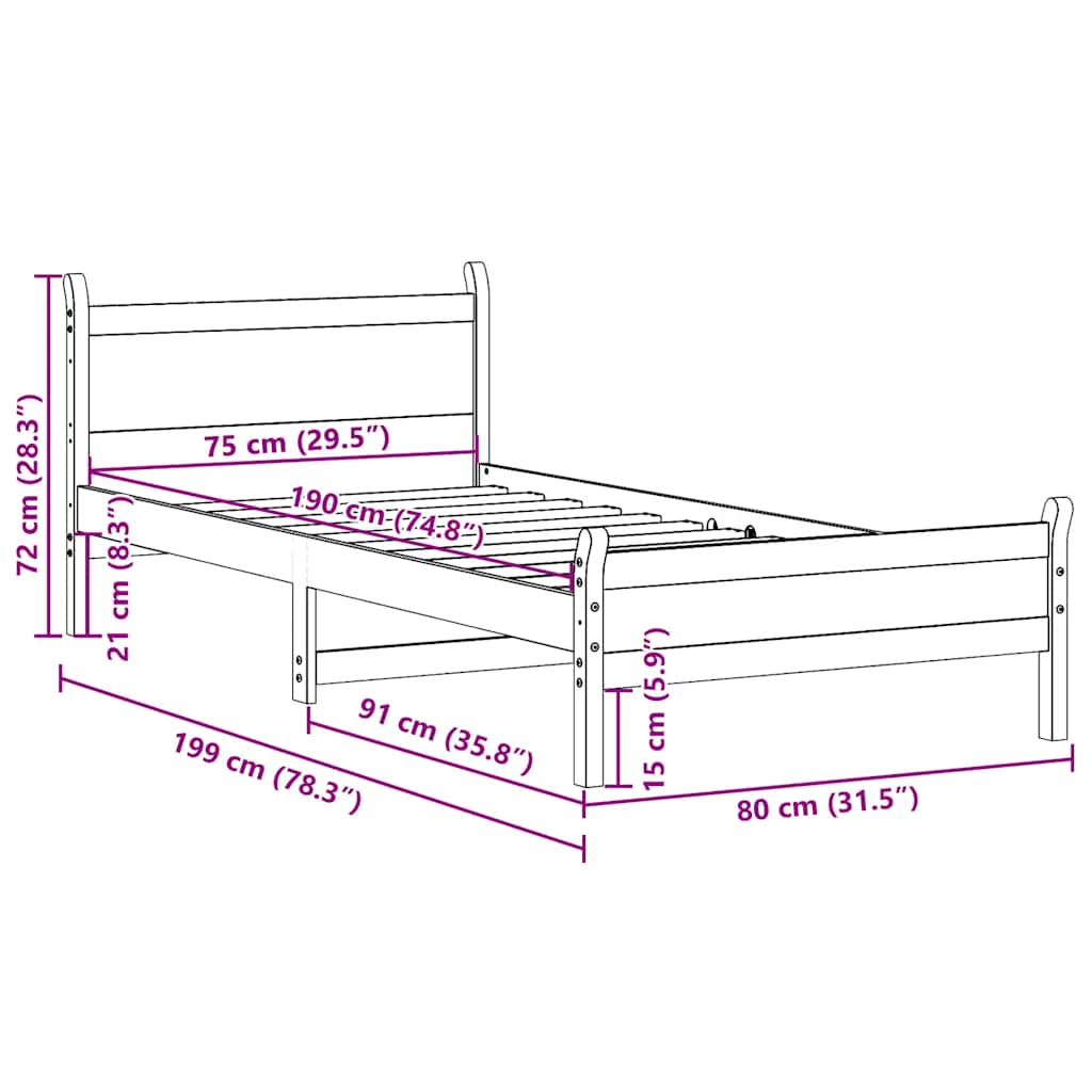 Bed Frame | Wax brown | Solid pine wood | Small Single | Bed Frame