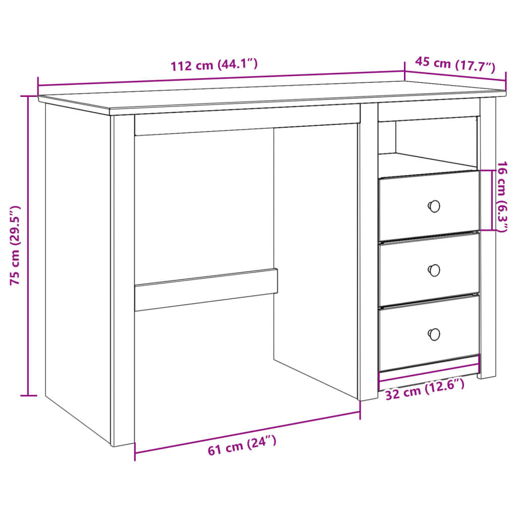 Desk PANAMA 112x45x75 cm Solid Wood Pine