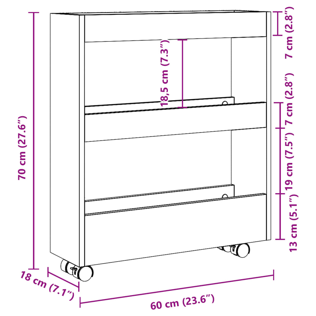 vidaXL Narrow Storage Trolley 3 Tier Old Wood Engineered Wood