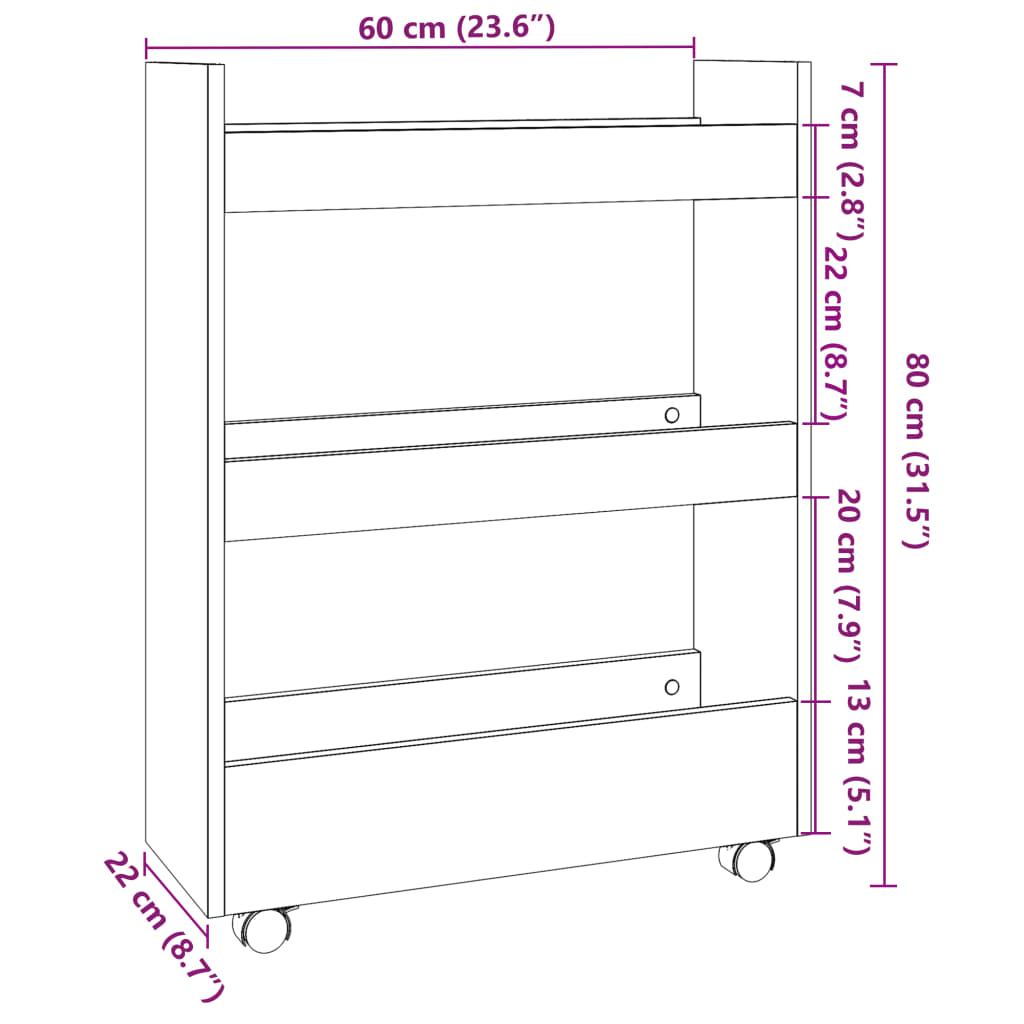 vidaXL Narrow Storage Trolley 3 Tier Smoked Oak Engineered Wood