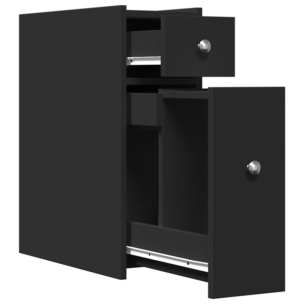 Narrow Bathroom Cupboard with Wheels Black Engineered Wood