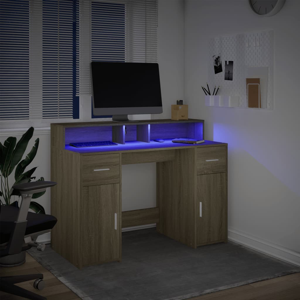 vidaXL Desk with LED Lights Sonoma Oak 120x55x91 cm Engineered Wood