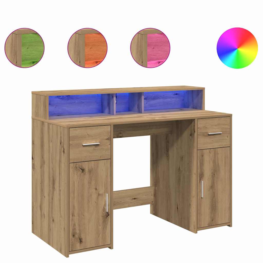 Desk with LED Lights Artisian Oak 120x55x91 cm Engineered Wood