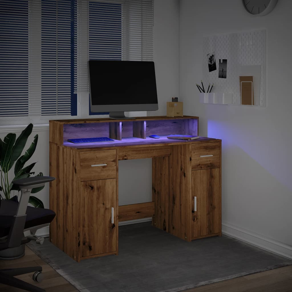 vidaXL Desk with LED Lights Artisian Oak 120x55x91 cm Engineered Wood