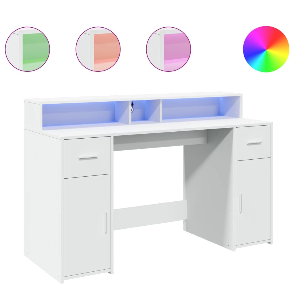 vidaXL Desk with LED Lights White 140x55x91 cm Engineered Wood