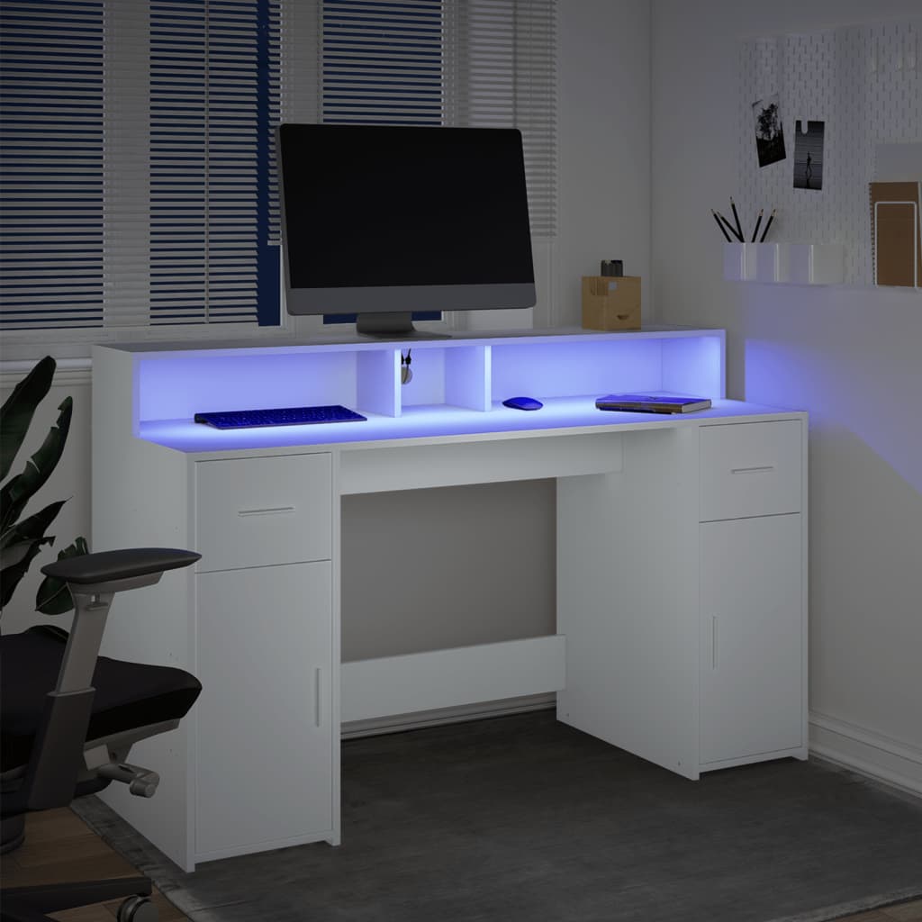 vidaXL Desk with LED Lights White 140x55x91 cm Engineered Wood