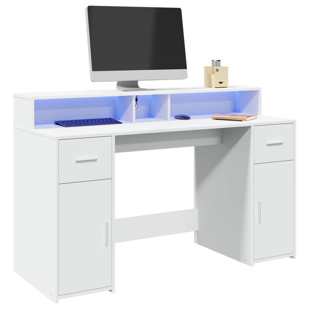 vidaXL Desk with LED Lights White 140x55x91 cm Engineered Wood