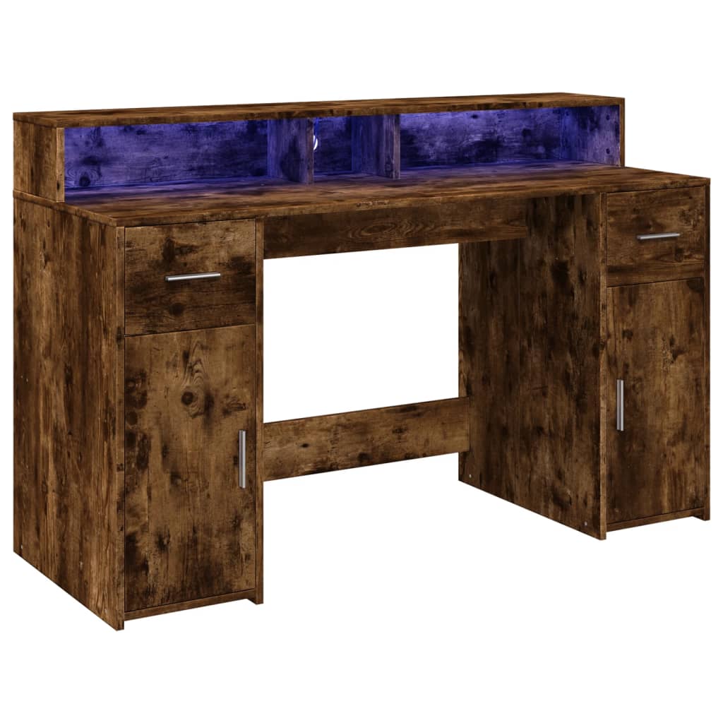 vidaXL Desk with LED Lights Smoked Oak 140x55x91 cm Engineered Wood