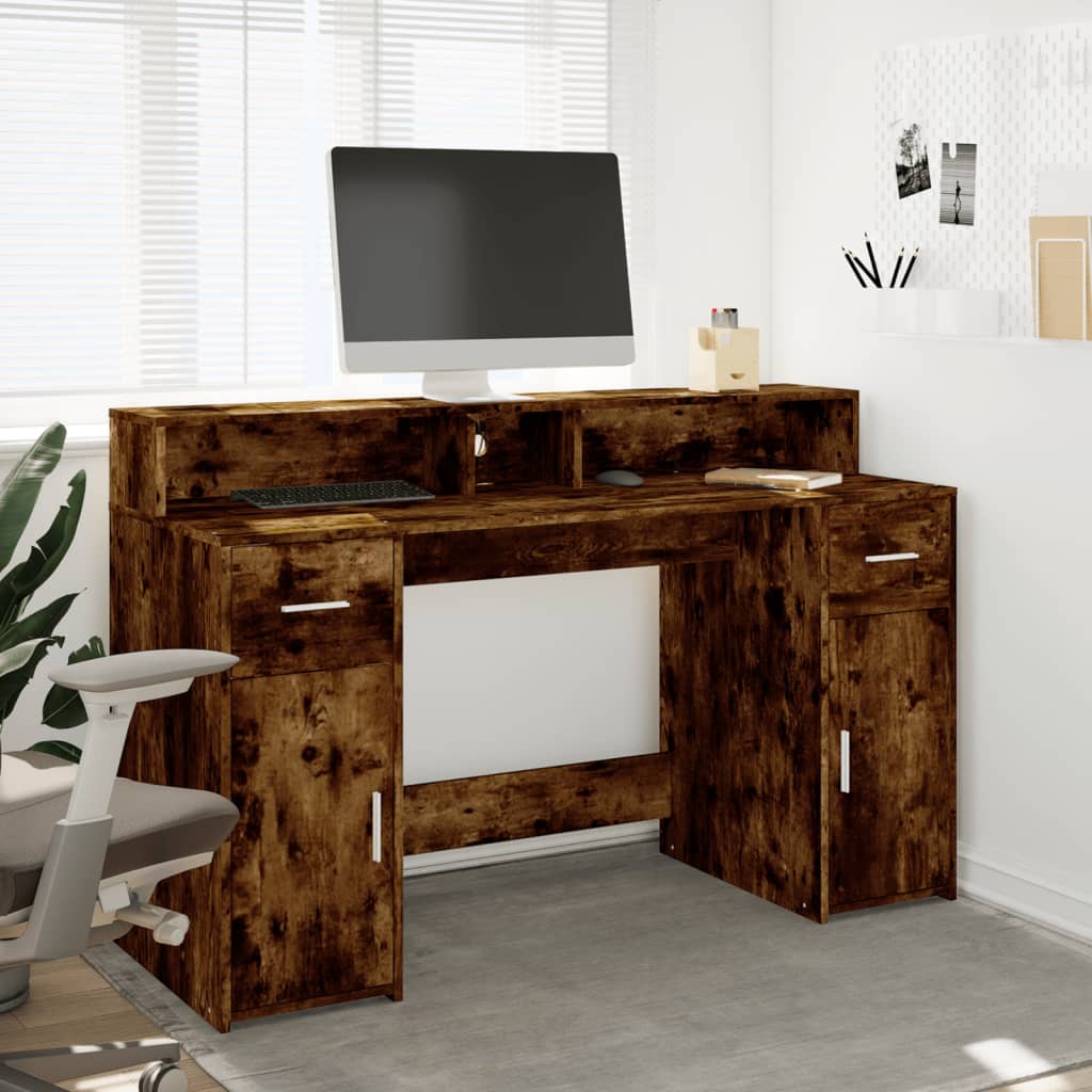 vidaXL Desk with LED Lights Smoked Oak 140x55x91 cm Engineered Wood