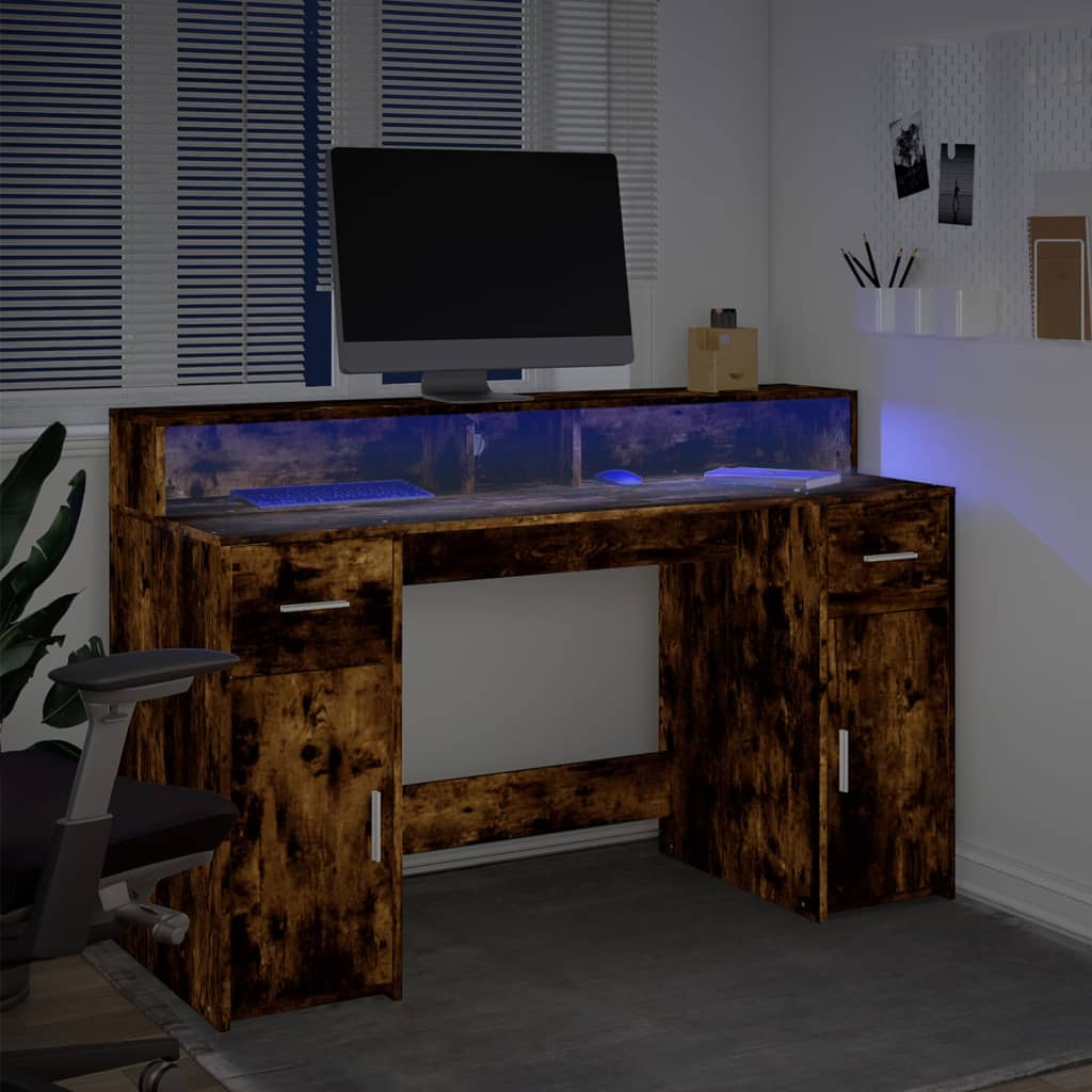 vidaXL Desk with LED Lights Smoked Oak 140x55x91 cm Engineered Wood