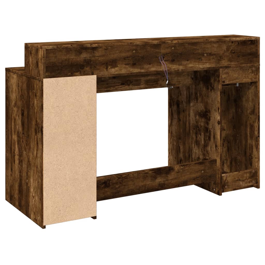 vidaXL Desk with LED Lights Smoked Oak 140x55x91 cm Engineered Wood