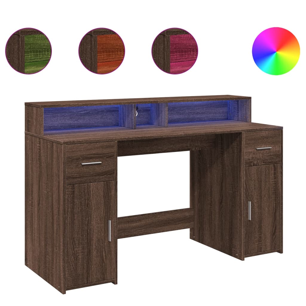 vidaXL Desk with LED Lights Brown Oak 140x55x91 cm Engineered Wood