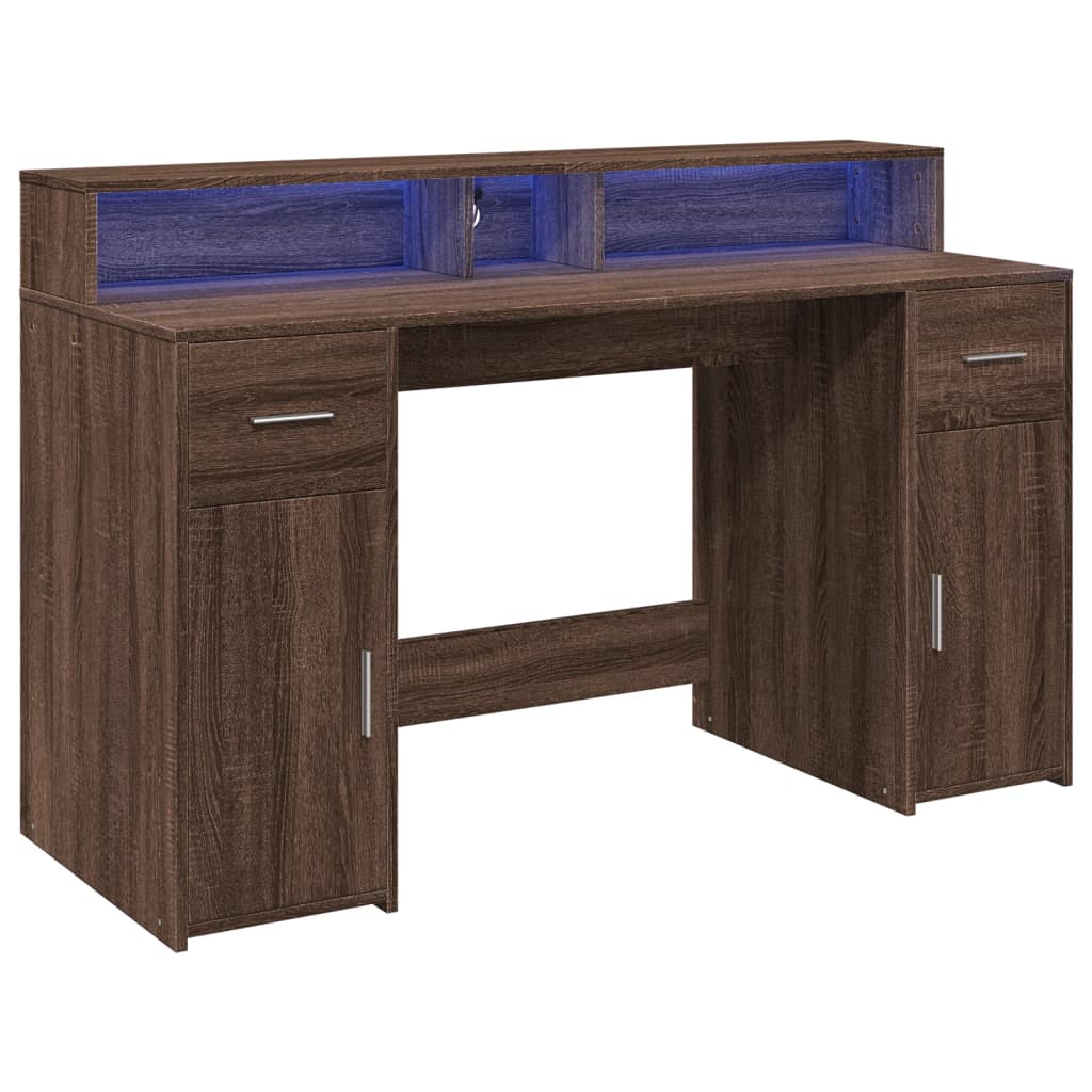 vidaXL Desk with LED Lights Brown Oak 140x55x91 cm Engineered Wood