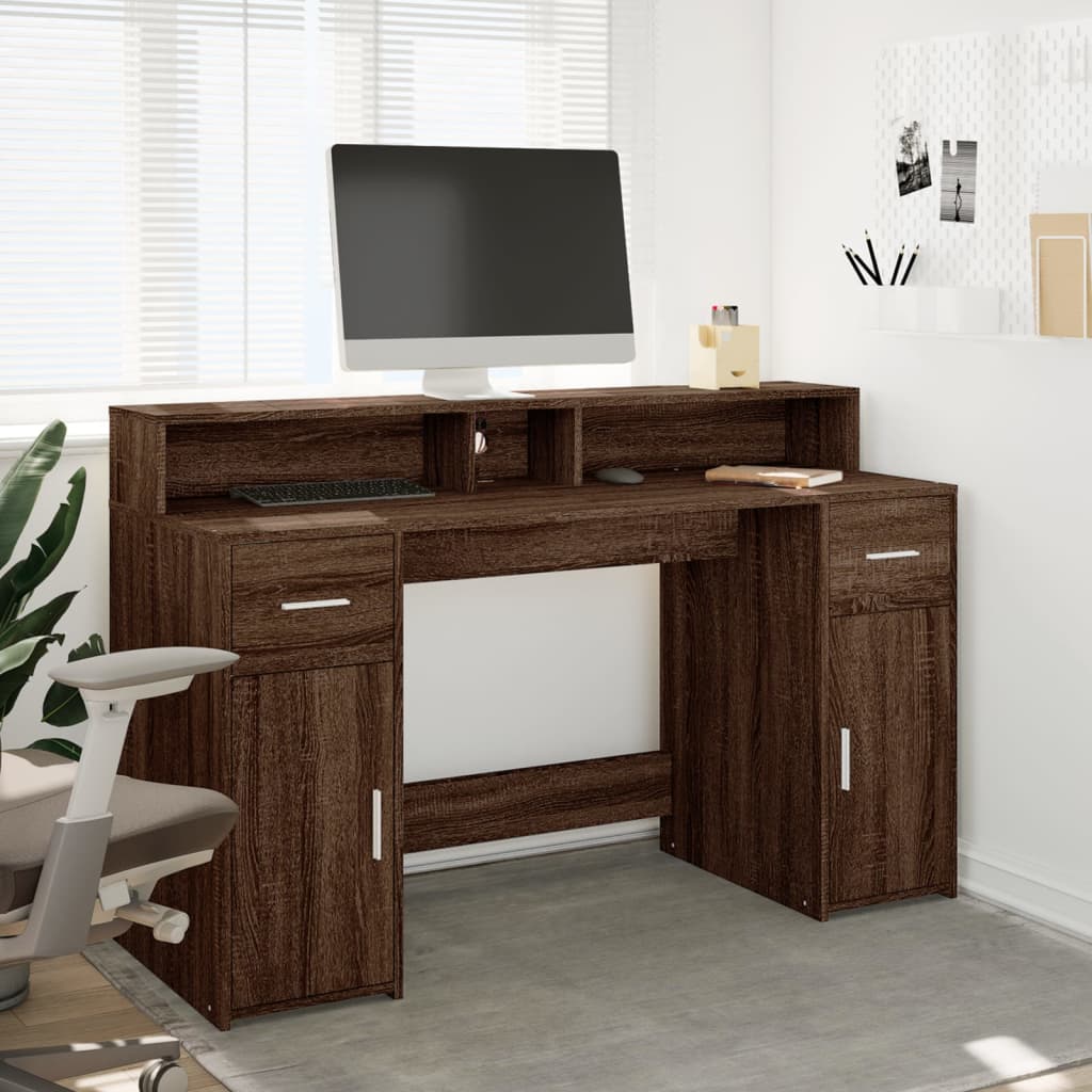 vidaXL Desk with LED Lights Brown Oak 140x55x91 cm Engineered Wood