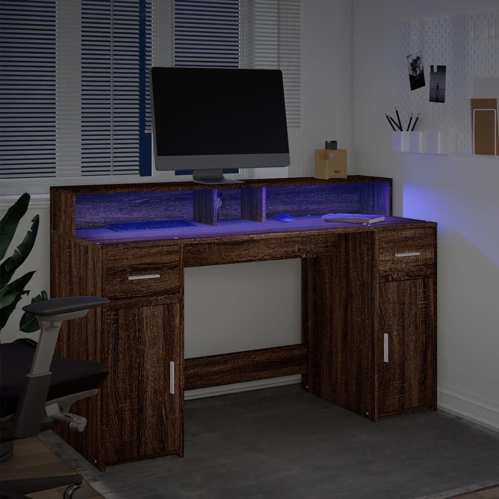 vidaXL Desk with LED Lights Brown Oak 140x55x91 cm Engineered Wood