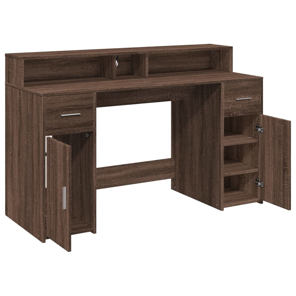 vidaXL Desk with LED Lights Brown Oak 140x55x91 cm Engineered Wood