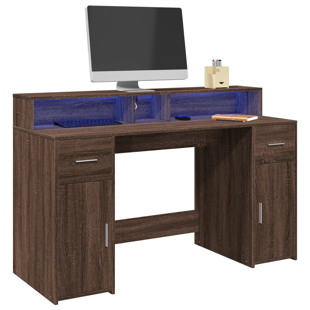 vidaXL Desk with LED Lights Brown Oak 140x55x91 cm Engineered Wood