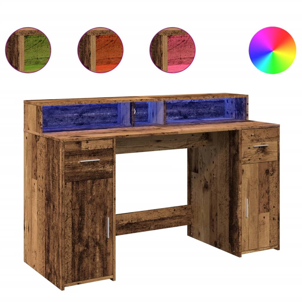 vidaXL Desk with LED Lights Old Wood 140x55x91 cm Engineered Wood