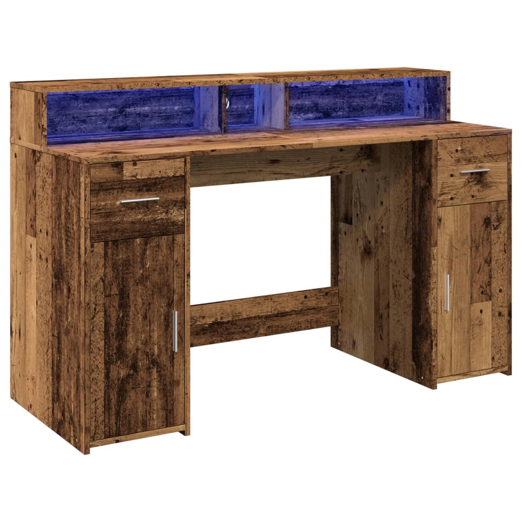 vidaXL Desk with LED Lights Old Wood 140x55x91 cm Engineered Wood