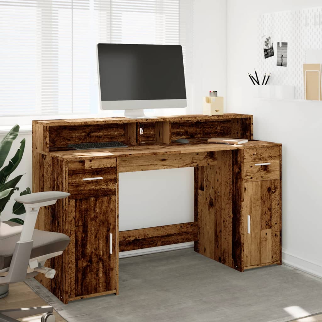 vidaXL Desk with LED Lights Old Wood 140x55x91 cm Engineered Wood