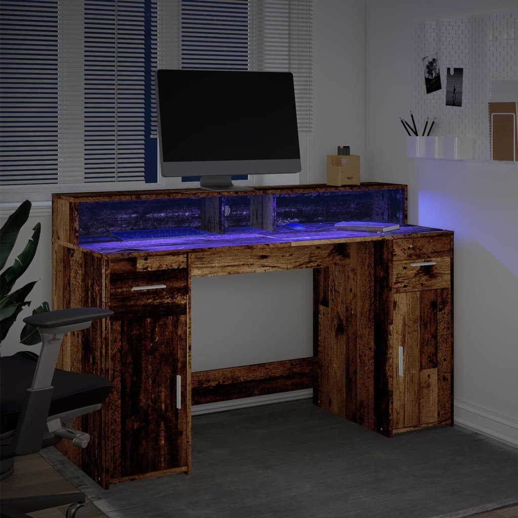 vidaXL Desk with LED Lights Old Wood 140x55x91 cm Engineered Wood