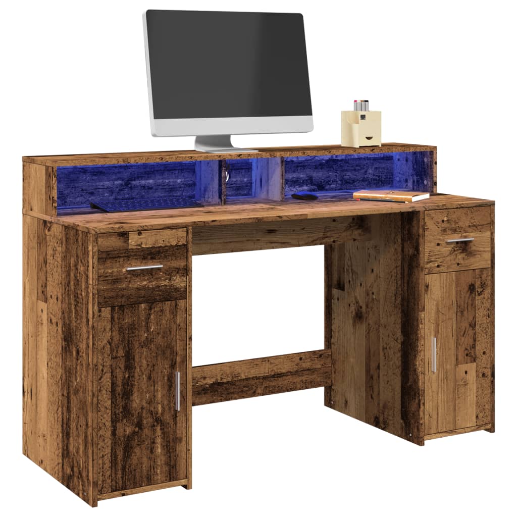 vidaXL Desk with LED Lights Old Wood 140x55x91 cm Engineered Wood