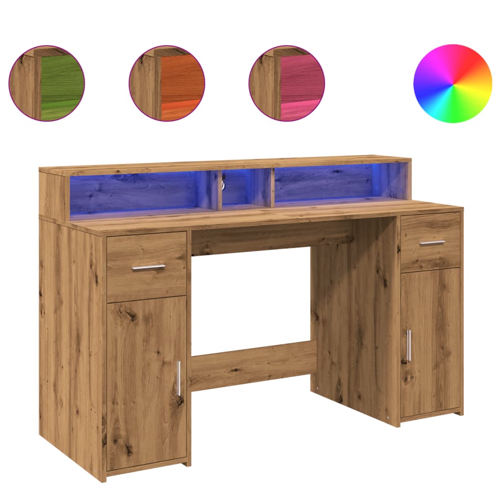 vidaXL Desk with LED Lights Artisian Oak 140x55x91 cm Engineered Wood