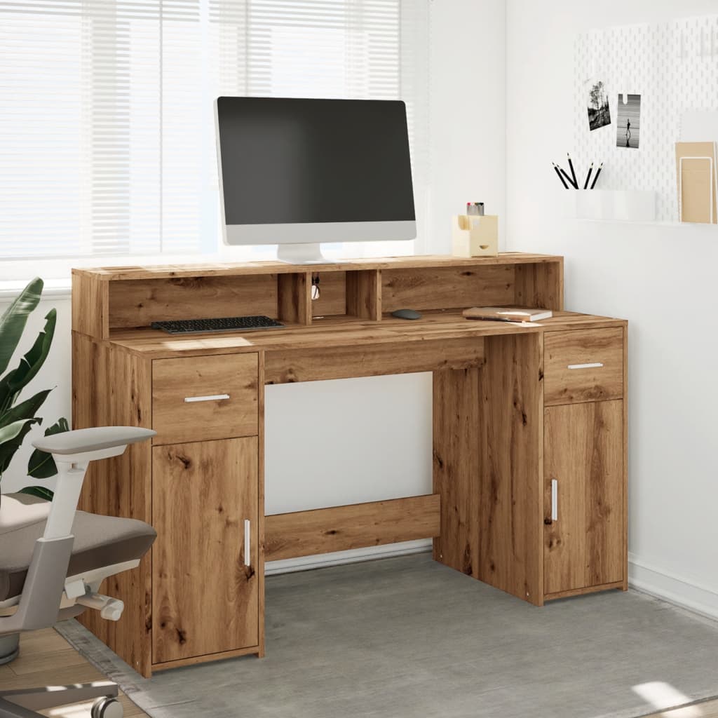 vidaXL Desk with LED Lights Artisian Oak 140x55x91 cm Engineered Wood