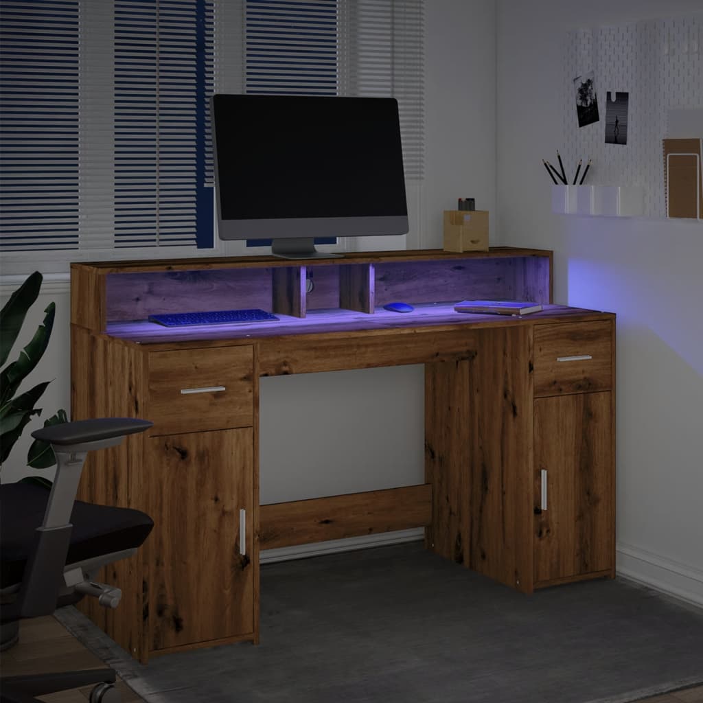 vidaXL Desk with LED Lights Artisian Oak 140x55x91 cm Engineered Wood