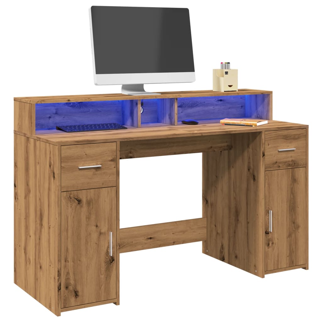 vidaXL Desk with LED Lights Artisian Oak 140x55x91 cm Engineered Wood