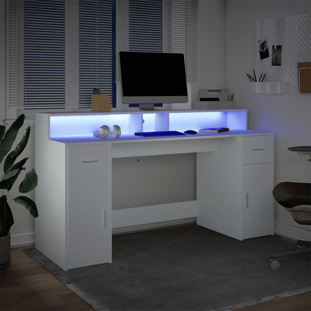 vidaXL Desk with LED Lights White 160x55x91 cm Engineered Wood