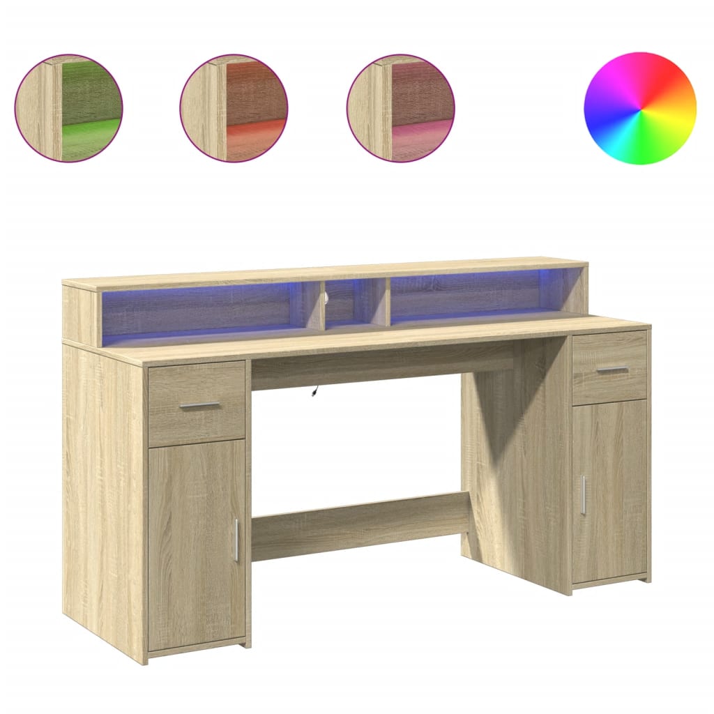 vidaXL Desk with LED Lights Sonoma Oak 160x55x91 cm Engineered Wood