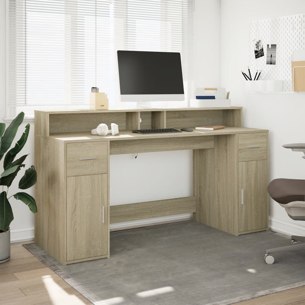 vidaXL Desk with LED Lights Sonoma Oak 160x55x91 cm Engineered Wood