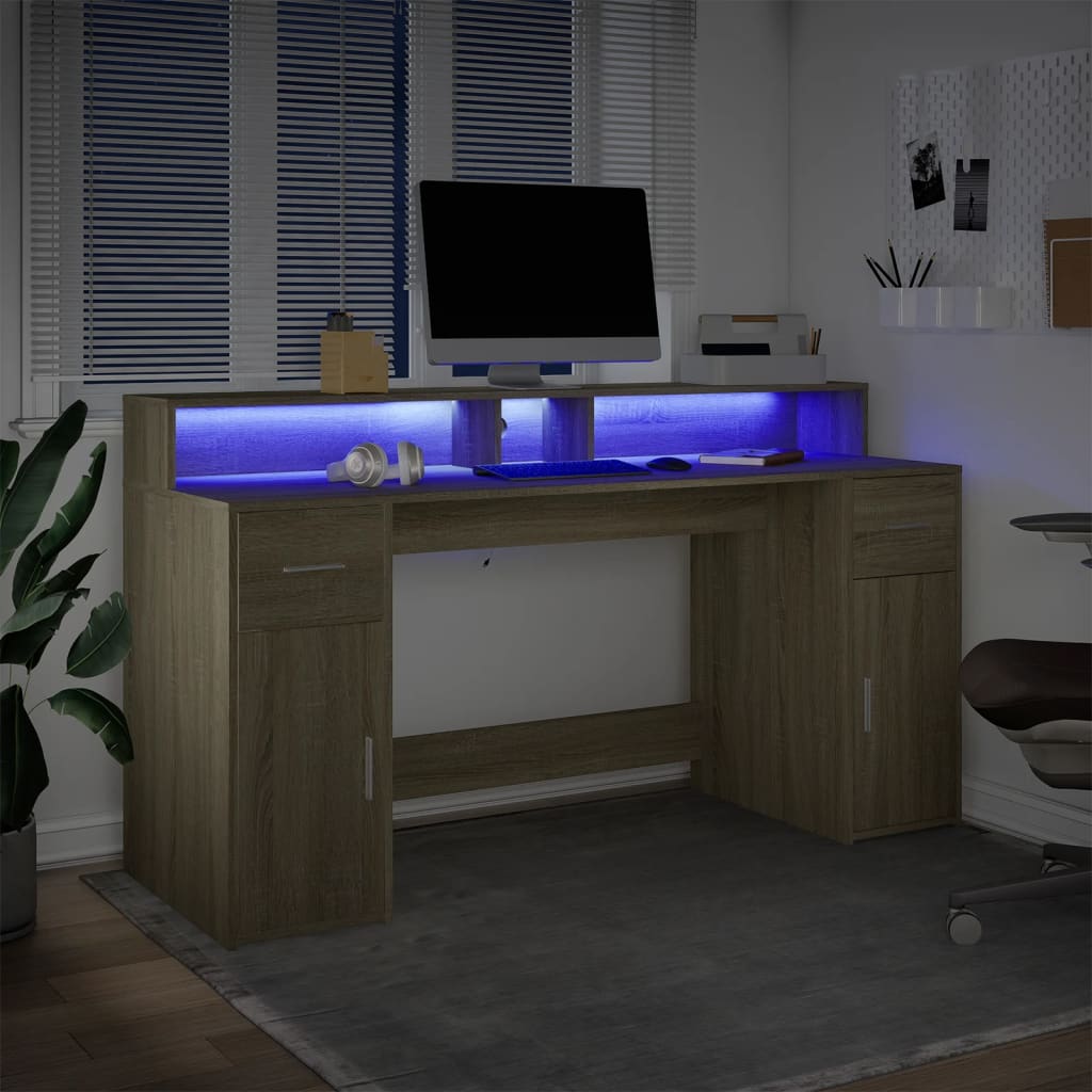 vidaXL Desk with LED Lights Sonoma Oak 160x55x91 cm Engineered Wood