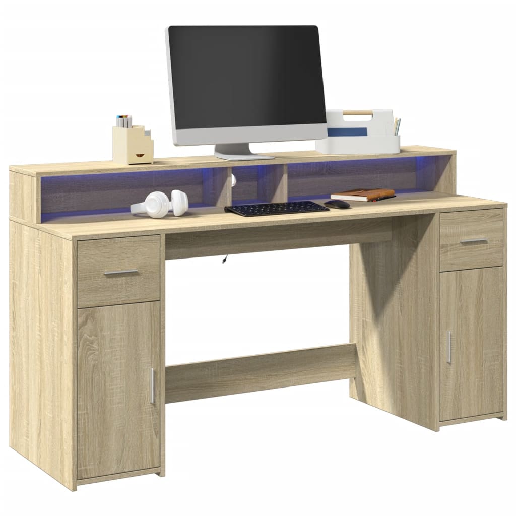 vidaXL Desk with LED Lights Sonoma Oak 160x55x91 cm Engineered Wood