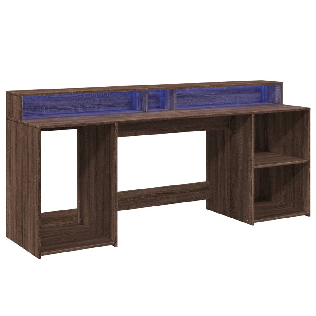 vidaXL Desk with LED Lights Brown Oak 200x55x91 cm Engineered Wood