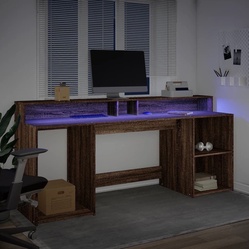 vidaXL Desk with LED Lights Brown Oak 200x55x91 cm Engineered Wood