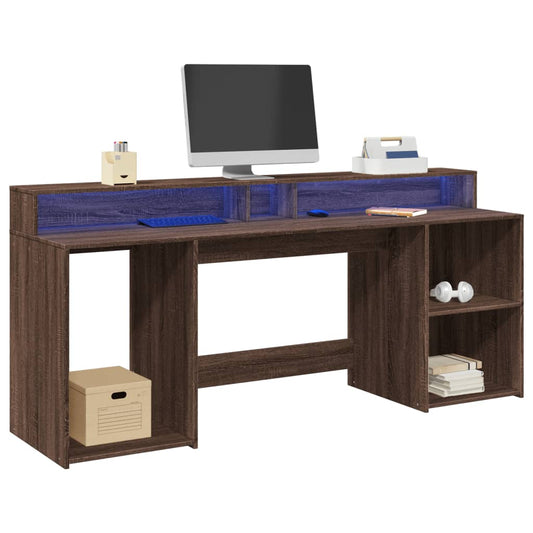 vidaXL Desk with LED Lights Brown Oak 200x55x91 cm Engineered Wood