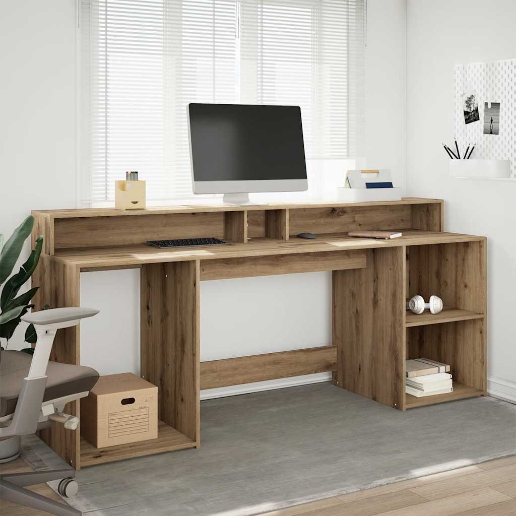 Desk with LED Lights Artisian Oak 200x55x91 cm Engineered Wood