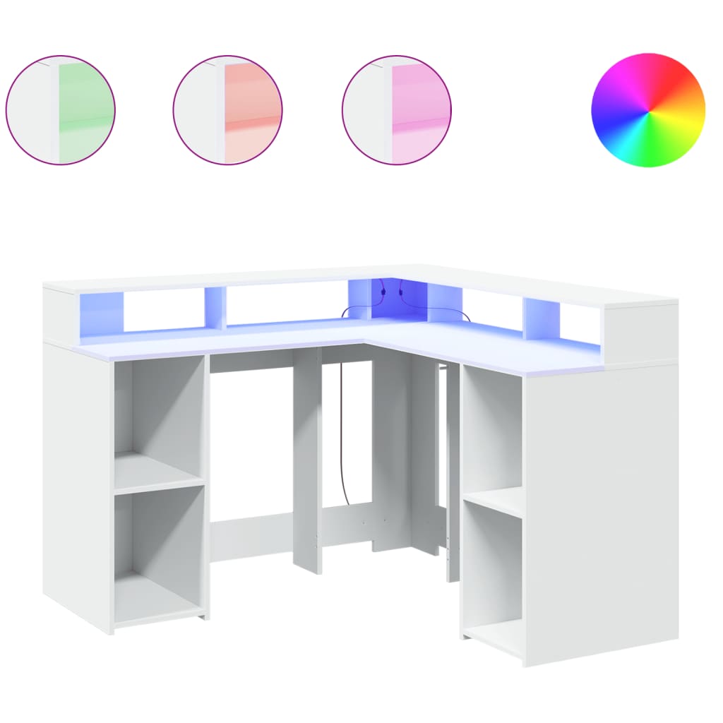 vidaXL Desk with LED Lights White 130x130x91 cm Engineered Wood