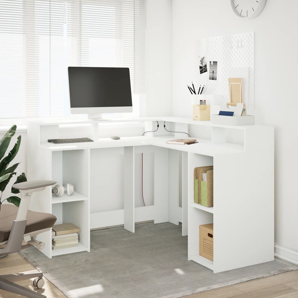 vidaXL Desk with LED Lights White 130x130x91 cm Engineered Wood