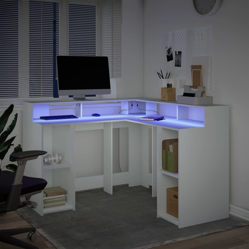 vidaXL Desk with LED Lights White 130x130x91 cm Engineered Wood