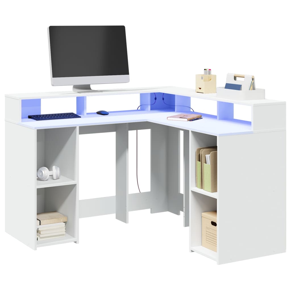 vidaXL Desk with LED Lights White 130x130x91 cm Engineered Wood