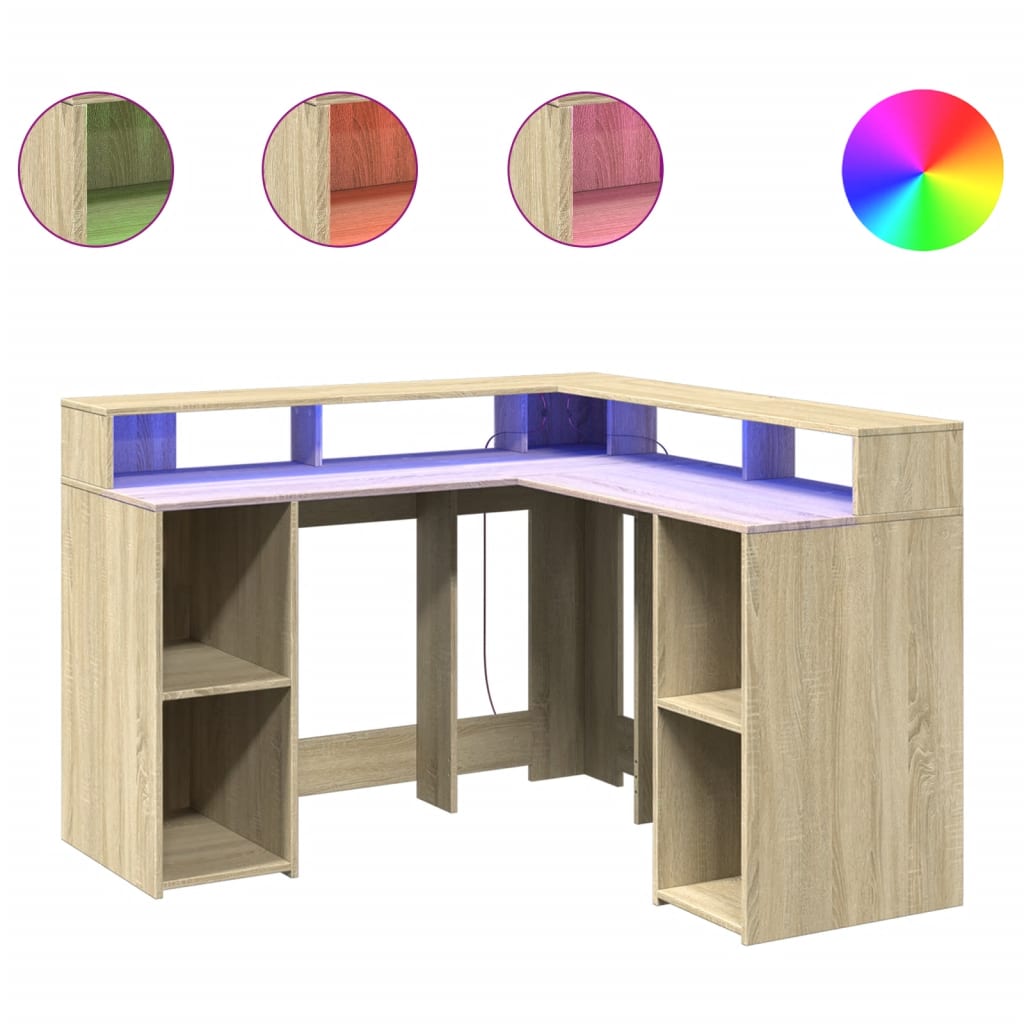 vidaXL Desk with LED Lights Sonoma Oak 130x130x91 cm Engineered Wood