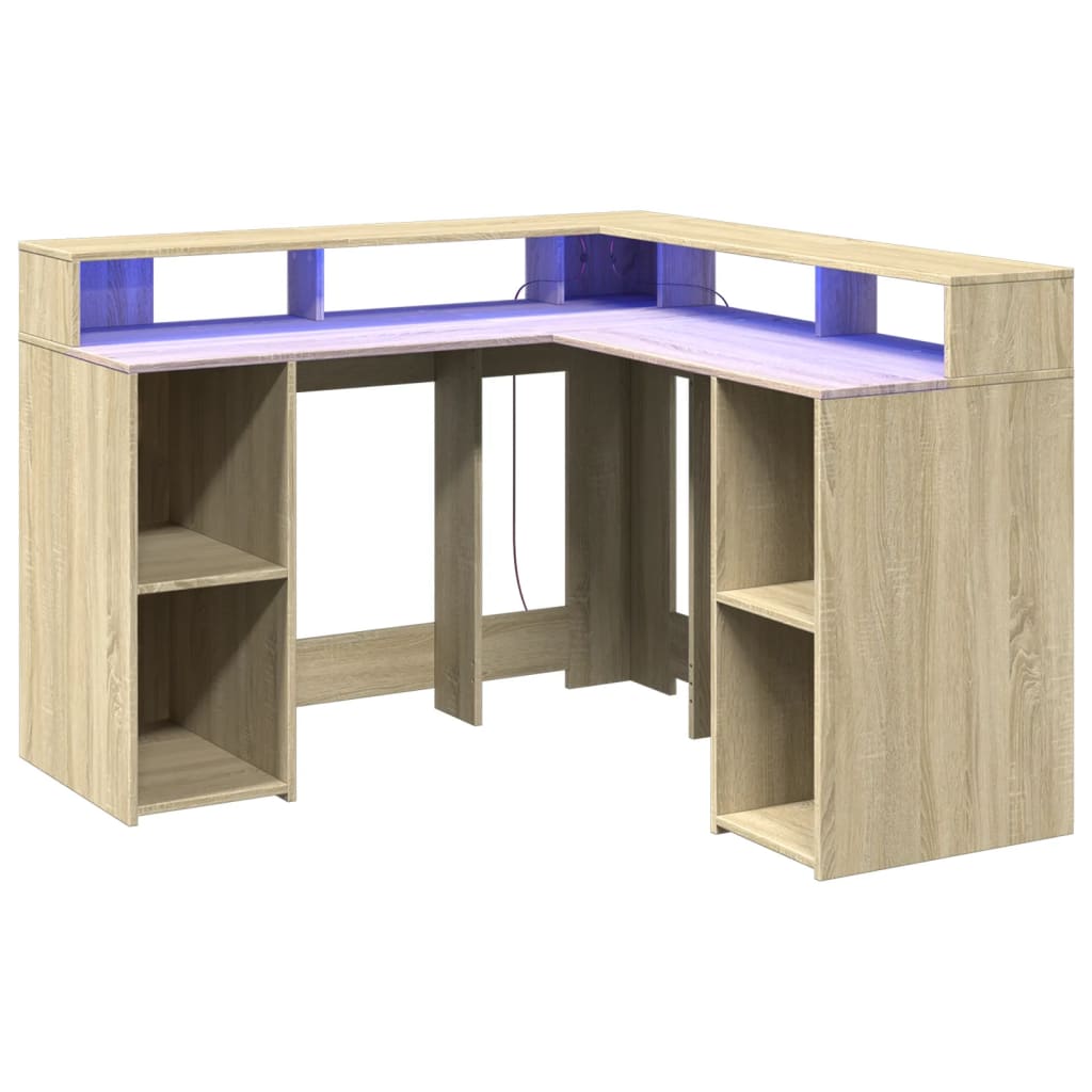 vidaXL Desk with LED Lights Sonoma Oak 130x130x91 cm Engineered Wood